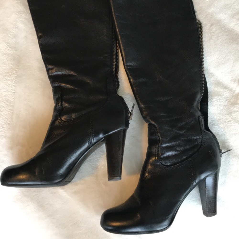 Frye Black Leather High-Heel Knee Boots